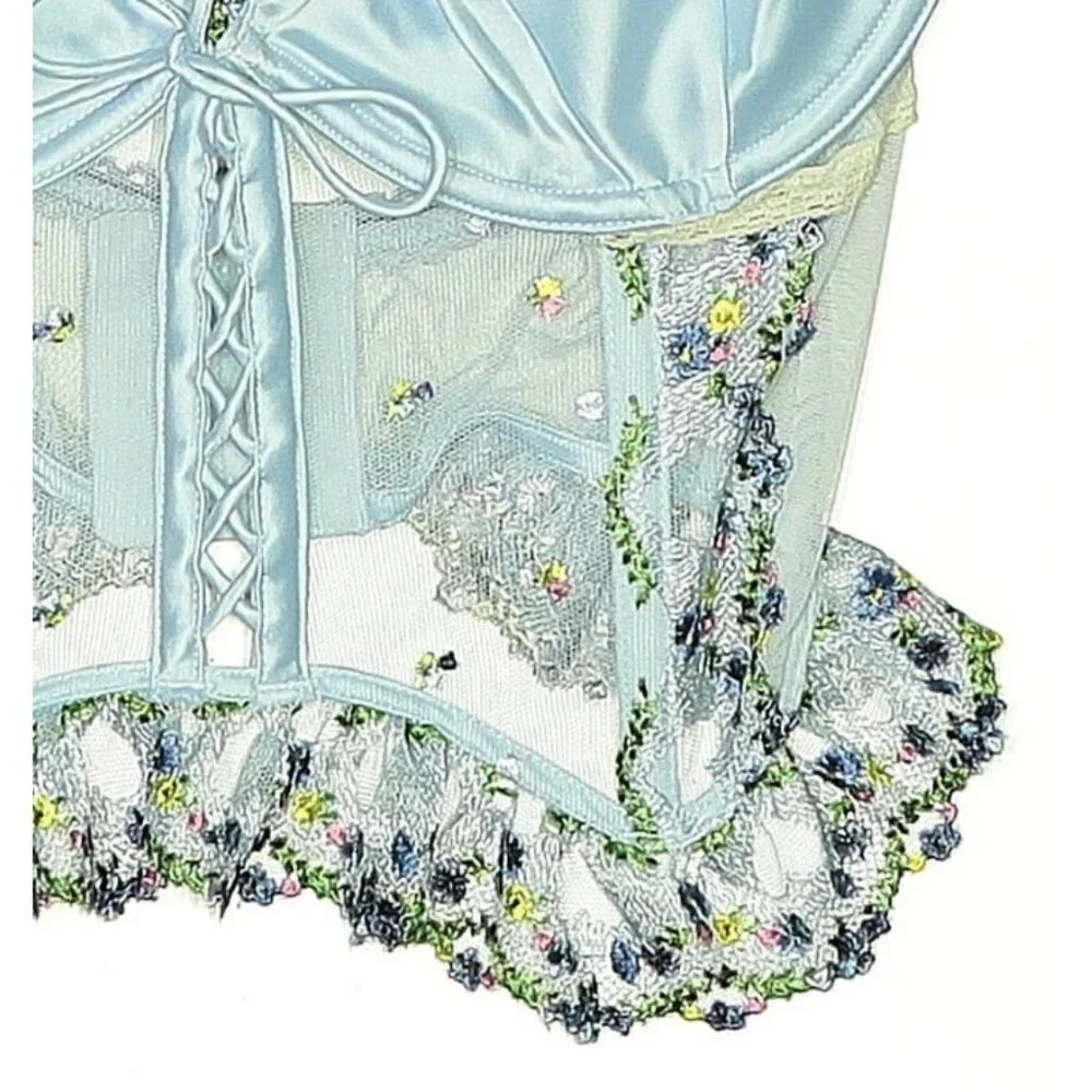 For Love & Lemons Blue Floral Embroidered Bustier Bralette Corset Top | Coquette - Picture 5 of 15